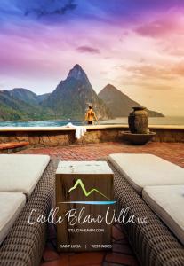 a man sitting on a ledge with a view of a mountain at Caille Blanc Villa & Hotel in Soufrière