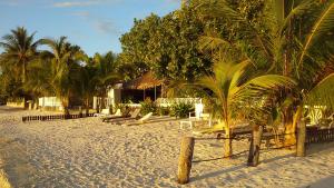 una playa de arena con palmeras y un complejo en Village Temanuata en Bora Bora