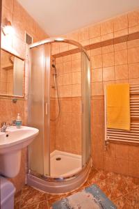 a bathroom with a shower and a sink at ŠD Němcovej 1 in Košice +28 photos