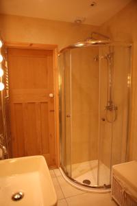 een badkamer met een douche en een wastafel bij Cuilcagh Luxury Apartment in Enniskillen +13 foto's