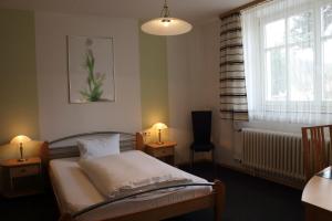 Schlafzimmer mit einem Bett und einem Fenster in der Unterkunft Hotel-Restaurant Johanneshof in Nentershausen