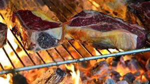 a group of meat and vegetables on a grill at Hotel Alma de Romero in Carranza