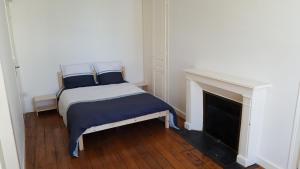 - une chambre avec un lit et une cheminée dans l'établissement La Bourrellerie, à Lusigny-sur-Barse
