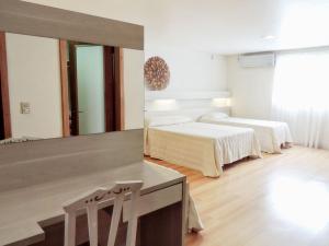 a bedroom with two beds and a large mirror at Hotel Pieta in Garibaldi