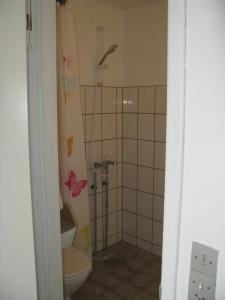 ein Bad mit einem WC und einer Dusche in der Unterkunft Motel Europa in Svenstrup