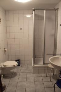 クヴェードリンブルクにあるAlter Topfのバスルーム(シャワー、トイレ、シンク付)