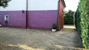 a purple and white building with a potted plant next to it at Pension-Roexe in Stendal