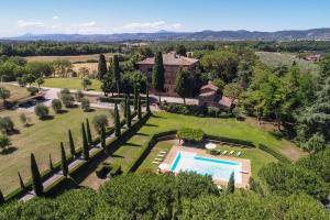 an aerial view of a mansion with a pool and trees at Villa Il Poggiolino in Lucignano