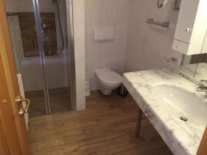 a bathroom with a sink and a toilet and a shower at Landhaus Scherling in Keutschach am See
