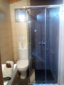 Un baño con inodoro y ducha de cristal. en Panoramic Voula's View Apartment, en Atenas