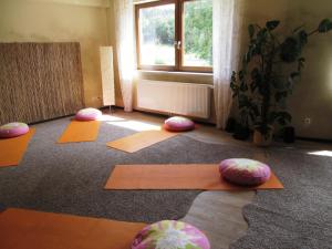 ein Zimmer mit mehreren Matten auf dem Boden und einem Fenster in der Unterkunft Vitaleum in Krölpa