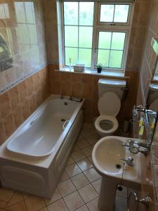 a bathroom with a tub and a toilet and a sink at Oakwood B&B in Belmont