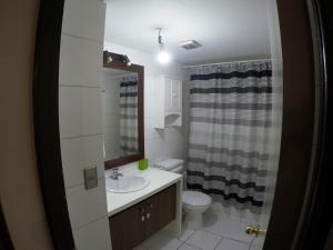 a bathroom with a sink and a toilet and a mirror at America Departamentos in Santiago +94 photos