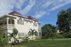 duży biały dom z zielonym dziedzińcem w obiekcie Nelsons Retreat w Negril