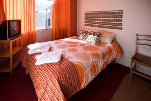 Habitación de hotel con cama y TV en Pacha Hostel, en Puno
