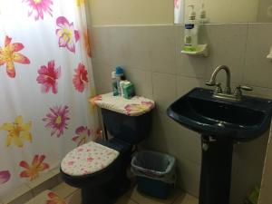 Un baño con lavabo, inodoro y cortina de ducha. en Blanquita guesthouse, en Manuel F. Martínez