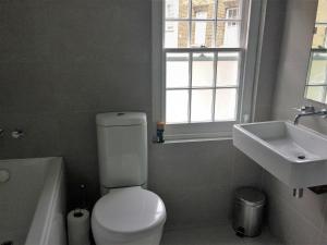 a bathroom with a white toilet and a sink at Georgian Superstar in London