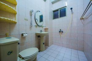 Un baño con inodoro, lavabo y espejo. en Happy Garden Homestay, en Taitung