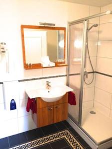 uma casa de banho com um lavatório e um chuveiro com um espelho. em Hotel Garni Demmel & Cie em Rohrsheim