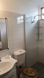 W łazience znajduje się toaleta, umywalka i prysznic. w obiekcie Stanley Village Waterfront Accommodation w mieście Stanley