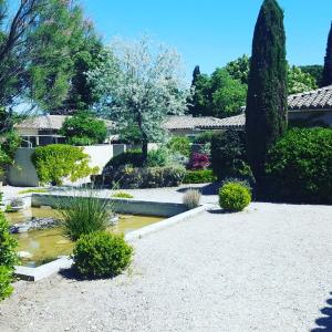 サン・レミ・ド・プロヴァンスにあるLes Jasminsの池と木々のある庭と家