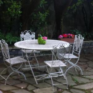 a table and chairs with a bird sitting on it at B&B Le Ortensie -Lago di Como in Lierna +37 photos