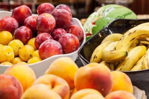 a display of apples and bananas and other fruit at Hotel Xaine Park in Lloret de Mar