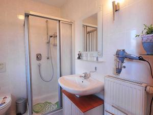 ein Bad mit einem Waschbecken und einer Dusche in der Unterkunft Ferienwohnungen Zum Anker _ Objekt in Diedrichshagen