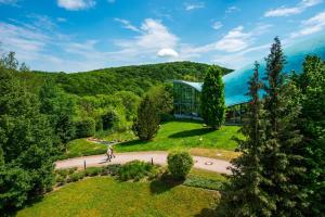 eine Luftansicht eines Gebäudes mit einem Baum in der Unterkunft Hotel an der Therme Bad Sulza in Bad Sulza