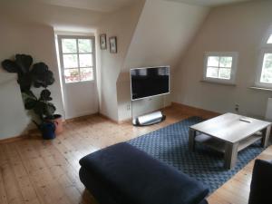 sala de estar con sofá y TV en Ferienwohnung Saaleblick, en Halle an der Saale