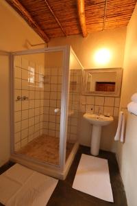 a bathroom with a shower and a sink at Matjiesvlei Retreat Oudehuiskloof in Calitzdorp +23 photos