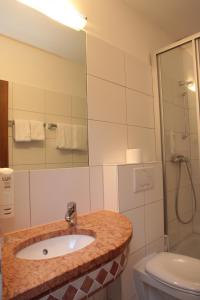 ein Badezimmer mit einem Waschbecken, einem WC und einem Spiegel in der Unterkunft Adler Post in Lenzkirch