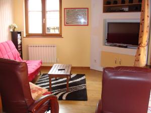 uma sala de estar com um sofá e uma televisão em la grange de louis em Turckheim