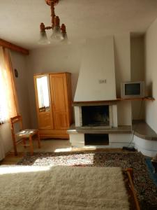 a living room with a fireplace and a microwave at Damianka Guest House in Bansko