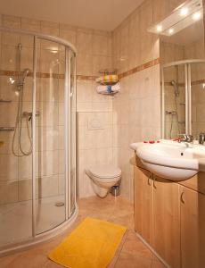 a bathroom with a shower and a sink and a toilet at Pension Schwab in Taxenbach