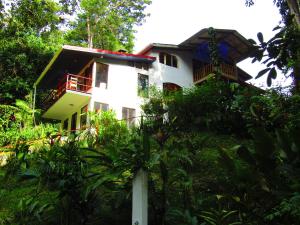 una casa blanca en medio de un bosque en Agua Inn en Nuevo Arenal