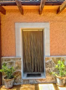 une porte en métal doré sur un bâtiment avec deux plantes en pot dans l'établissement Los Sotillos De Gredos, à Arenas de San Pedro