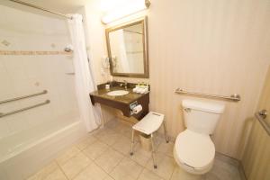 a bathroom with a toilet and a sink and a tub at Holiday Inn Express Hotel & Suites - Slave Lake, an IHG Hotel in Slave Lake