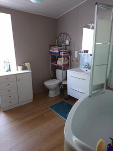 a bathroom with a toilet and a sink and a mirror at Maison De Village in Barbechat +13 photos