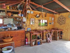 una cucina con pareti in legno e bancone con bottiglie di Succah in the Desert a Mitzpe Ramon