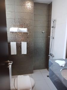 W łazience znajduje się prysznic, toaleta i umywalka. w obiekcie Al Mansour Plaza Hotel Doha w mieście Doha