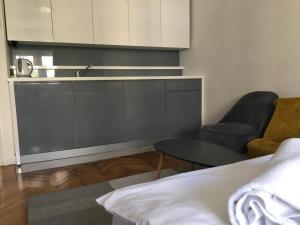 a kitchen with a sink and a chair and a table at Apartment Silver Pedestrian Zone in Belgrade