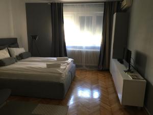 a bedroom with a bed and a window with a television at Apartment Silver in Belgrade
