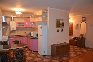 ヘルソンにあるUshakova Street Apartments Centerのピンクのキャビネットと白い冷蔵庫付きのキッチンが備わります。