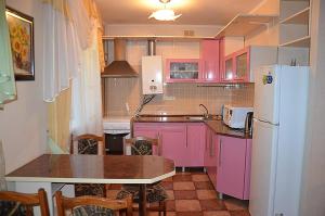 ヘルソンにあるUshakova Street Apartments Centerのピンクのキャビネットと白い冷蔵庫付きのキッチンが備わります。
