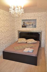 ヘルソンにあるTiraspolskaya Park Apartmentsのシャンデリア付きのベッドルームのベッド1台