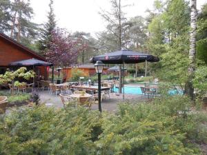 d'une terrasse avec des tables, des chaises et un parasol. dans l'établissement Vakantiehuis op Bospark, à Doornspijk