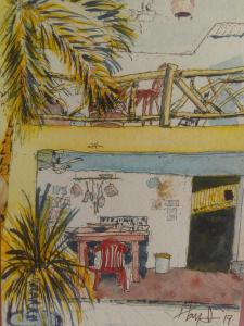 a drawing of a house with a table and a palm tree at La Choza Guesthouse in Santo Domingo