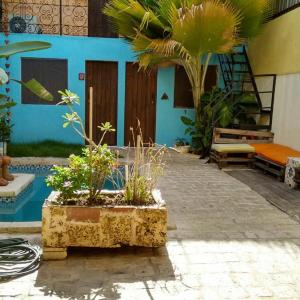 um edifício azul com plantas num pátio em La Choza Guesthouse em Santo Domingo