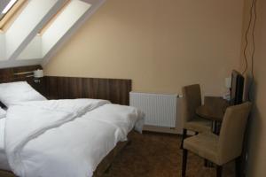 a bedroom with a bed and a desk and a chair at Hotel Belfer in Zaniemyśl